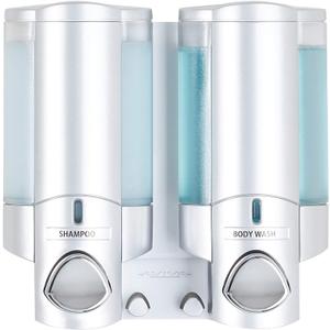 Better Living Aviva Shower Dispenser 2 Chamber, Wall Mount Shower Soap Dispenser for Bathroom Hotel Body Wash, Built-in Hooks, No Drill, Waterproof Shampoo Soap Dispenser, 2 x 11 oz, Satin Silver
