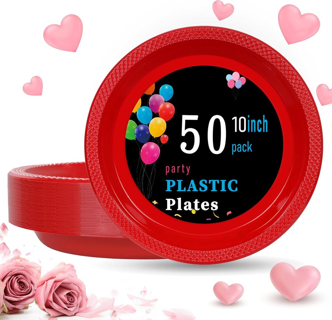 WELLIFE Red Plastic Plates 10 Inch 50 Count Disposable Plate for Party Valentines Day Plates, Large Big Plate for Dinner Party Supplies Birthday Camping BBQ Baby Shower