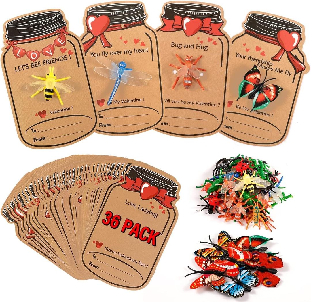 2 x Valentines Day Cards for Kids - 36 Pack Love Bug Valentine Cards with 12 Different Toy Bugs - Kids Valentines Day Cards Greeting Cards for Kids Classroom School Gifts Exchange Valentines Party Favors