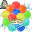 12 PCS Reusable Water Balloons - No-Magnets, Refillable Water Balloons with Mesh Bag, Quick Fill Water Silicone Water Bomb for Outdoor, Summer Toys Swimming Pool Water Toys for Kids (6 Color)