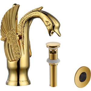 BWE Swan Faucet Gold Matching Pop Up Drain with Overflow Stopper Supply Line and Overflow Cover Single Handle Single Hole Bathroom Sink Faucet Lavatory Basin Vanity Mixer Tap