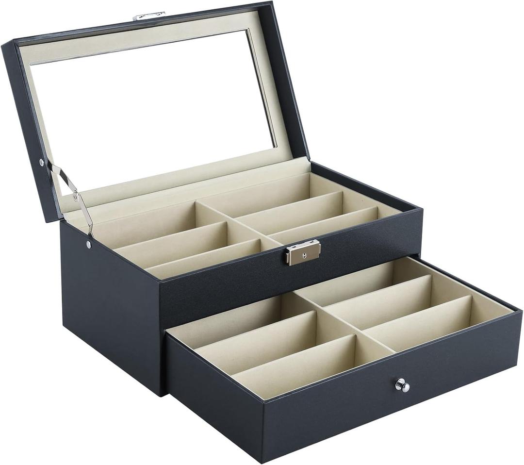 8 Slot Sunglass Organizer Leather Eyeglasses Collector Eyewear Display Case Storage Box, Black