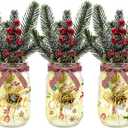 Mason Jars with Lights & Pine Branches - 3 Piece Set for Farmhouse Indoor Christmas Centerpiece