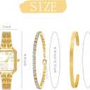 NEWITIN 3 Pieces Women Gold Watch Bracelets Set Fashion Costume Jewelry Stainless Steel Gold Plated Square Wristwatch Diamond Bangle Bracelet Watch Jewelry Set for Women