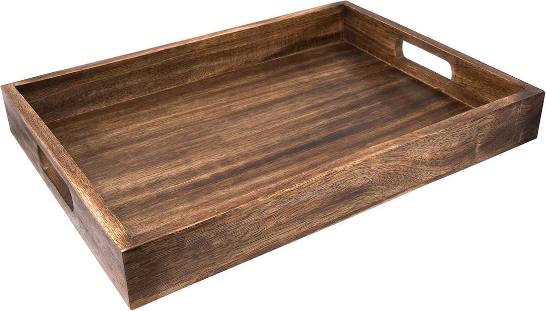 GoCraft Handmade Classic Wooden Tray  Large 16.5" Mango Wood Serving Tray with Handles  Elegant Kitchen & Dining Accessory  Ideal for Breakfast in Bed, Coffee, Tea (16.5" x 12" x 2")