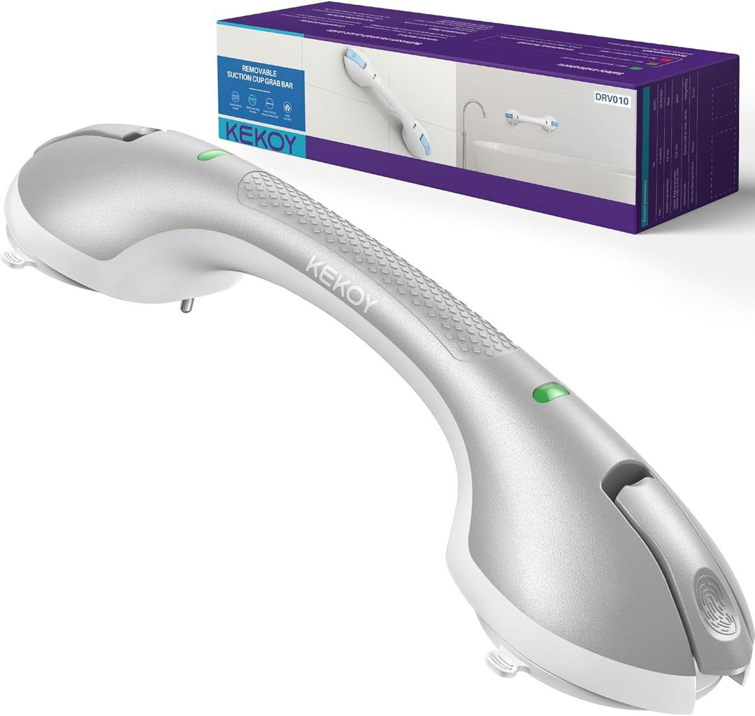 KEKOY 17.5 Inch Suction Grab Bars for Bathtubs and Showers with Indicator - Heavy Duty Safety Shower Handle for Seniors and Elderly, Handicap Bars for Bathroom, No Drilling and Removable, Silver