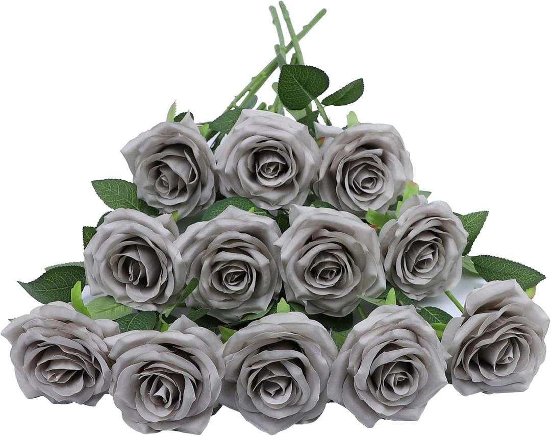 12pcs Artificial Rose Flower Grey Rose Flowers with Long Stem Silk Roses Bouquet for Wedding Bridal Shower Party Home Decoration