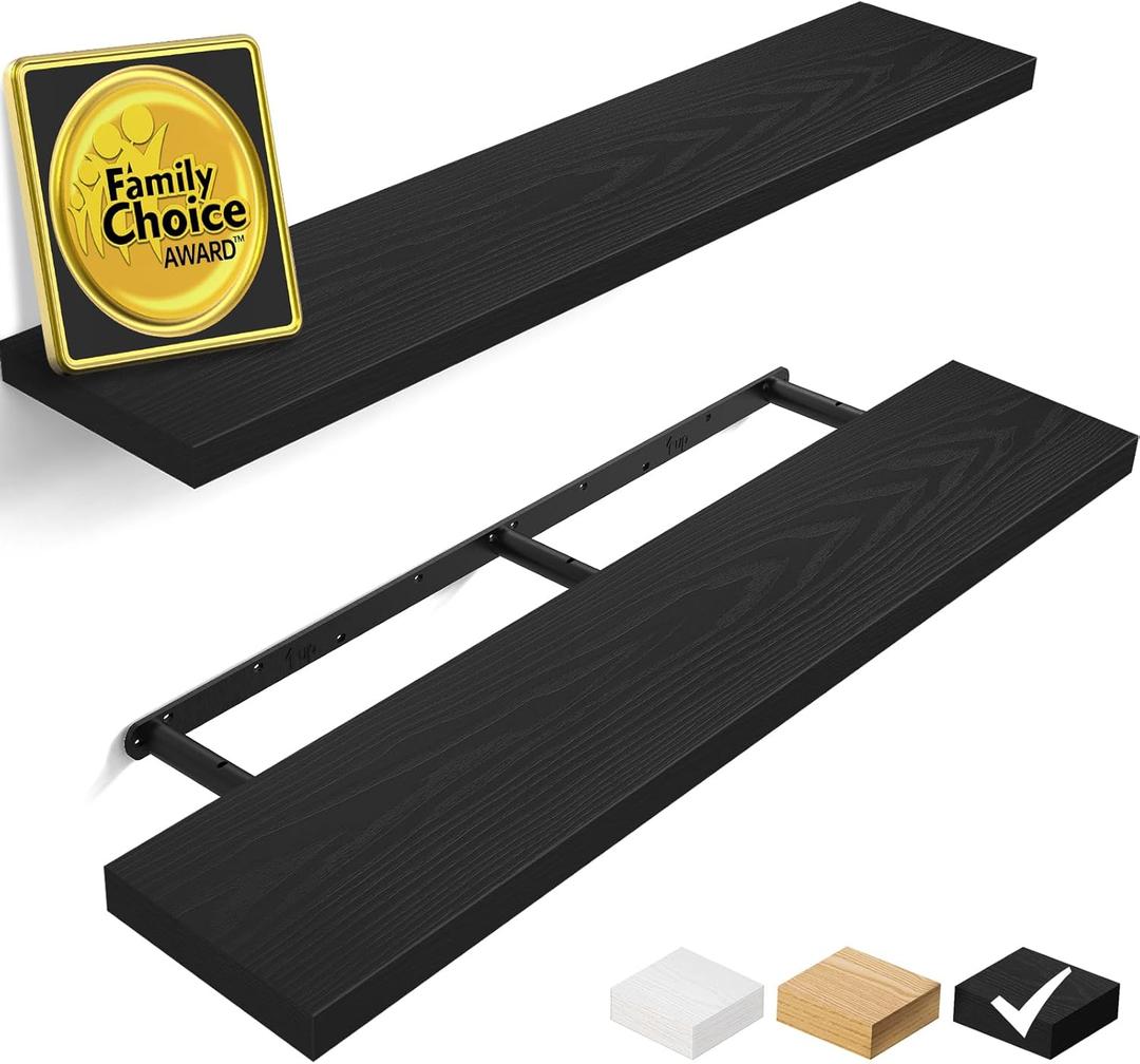 BAYKA Floating Shelves, 48 inches Long Heavy Duty Wall Mounted Rustic Wood Shelves for Bathroom, Bedroom, Living Room, Kitchen, Office, Hanging Shelf for Books/Storage/Decor(Black,Set of 2) (A. Black - Universal Classic Style)