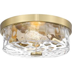 Flush Mount Ceiling Light with Water Ripple Glass Shade, Modern 2-Light Ceiling-Mount Light Fixtures for Bedroom Living Room Gold Metal Farmhous Ceiling Lamp for Lighting and Decoration