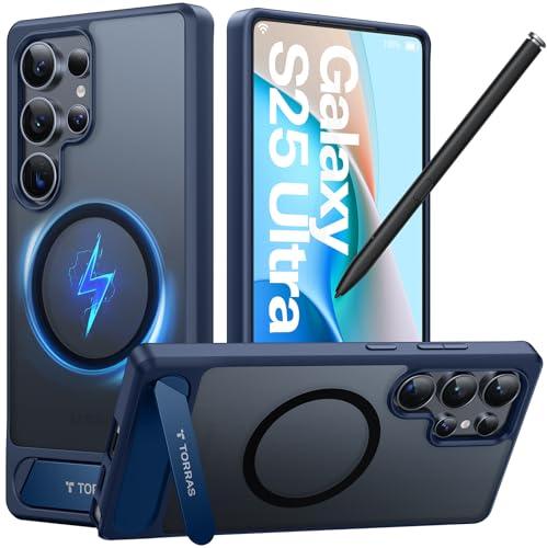 TORRAS Strong Magnetic & Seamless Stand for Samsung Galaxy S25 Ultra Case, Fit for MagSafe, Mil-Grade Drop Protection, Kickstand for Samsung Galaxy S25 Ultra Case, Translucent Back/Blue Edge