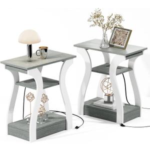 End Tables Living Room Set of 2,Grey End Table with Charging Station,Grey Side Table, Nightstand for Bedroom, 3 Tier End Table with Storage Shelf for Living Room