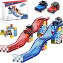 52 PCS Magnetic Tiles Race Car Track Set with 2 Racing Trucks, STEM Educational Travel Magnetic Building Blocks for Kids Ages 38, Montessori Sensory Toys Gifts for Toddler, Boys & Girls