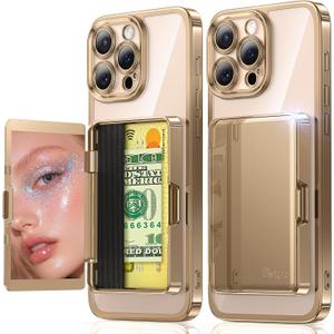 Meifigno for iPhone 16 Pro Max Case Wallet (3-4 Cards & Cash), Built-in Mirror & Kickstand, Surround Raised Lens Protection, Metal Plating Glossy for 16 Pro Max Case with Card Holder, Desert Titanium