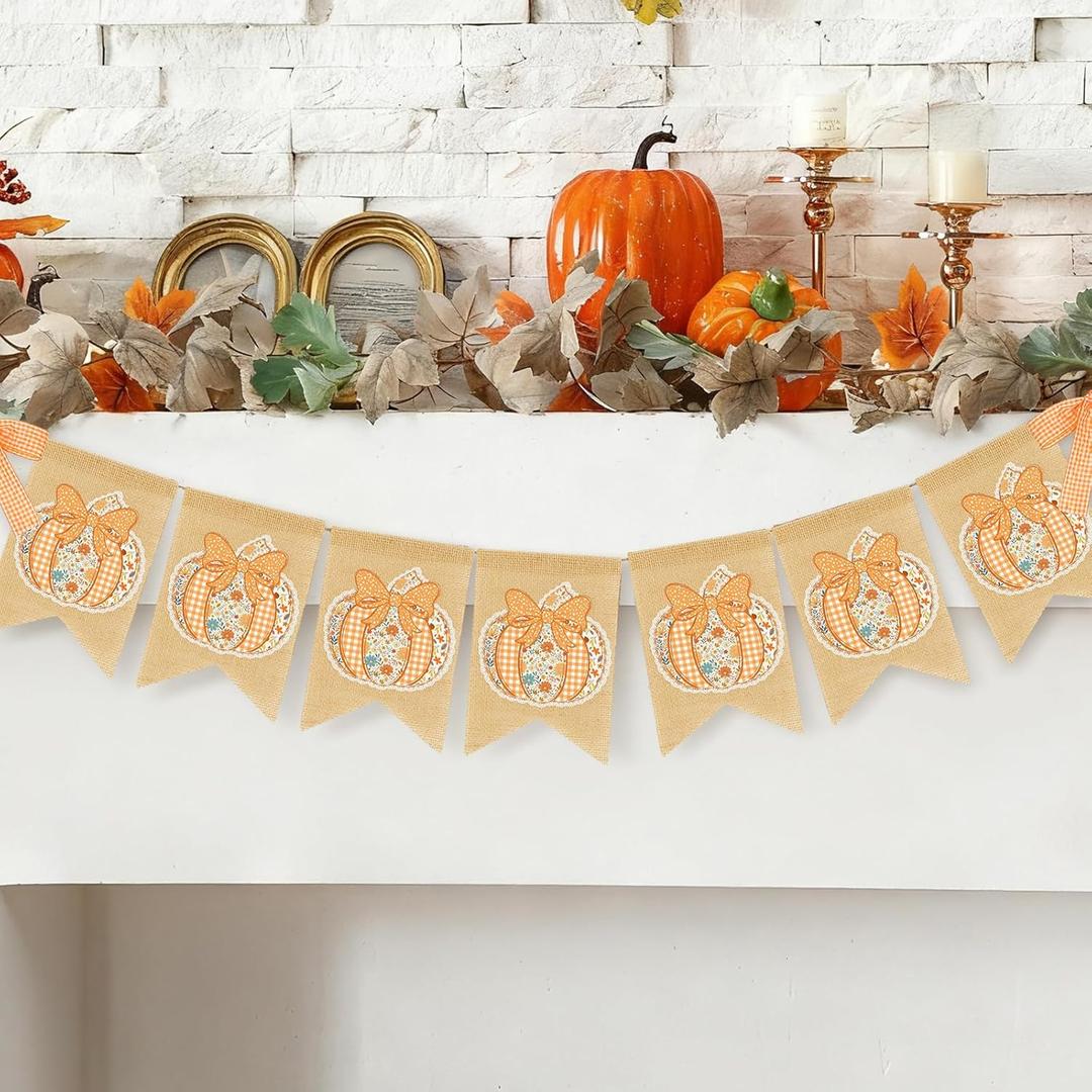 2 x Frienda Fall Thanksgiving Banners Plaid Pumpkin Burlap Banner Bunting Garland Pre-assembled Orange White Check Rustic Autumn Harvest Bunting Flag for Home Wall Mantel Fireplace Hanging Decor