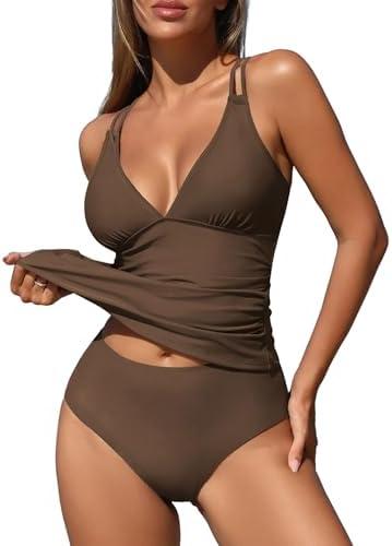 ZAFUL High Waisted Bikini Sets for Women Modest Swimsuits for Women Solid Two Piece Bathing Suits Tummy Control Ruched Tankini Vacation Outfits for Women (Coffee L)