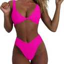 Geluboao Bikini Set for Women Solid V Neck Knot Front Push Up High Leg Thong Two Piece Swimsuit (X-Large, Rose)