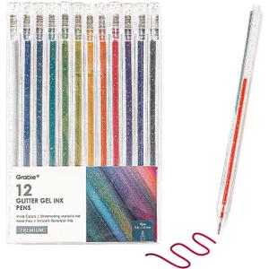 Grabie Glitter Gel Pens,12 Colors Gel Pens for Coloring,Metallic Vibrant Sparkle Colorful Pen, Colored Neon Gel Pens for Adult Coloring Books, Sparkle Pen, Gelly Roll Pens