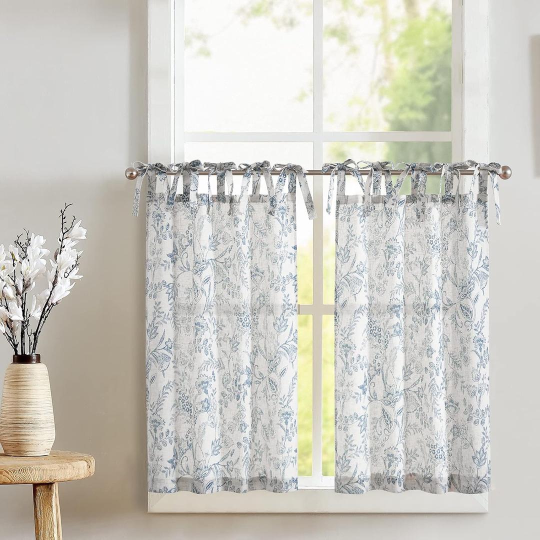 jinchan Linen Kitchen Curtains Floral Printed Tier Curtains 36 Inch Length Farmhouse Cafe Drapes for Small Windows Tie Top Botanic for Country Rustic Laundry Room Bathroom RV 2 Panels Blue on Beige