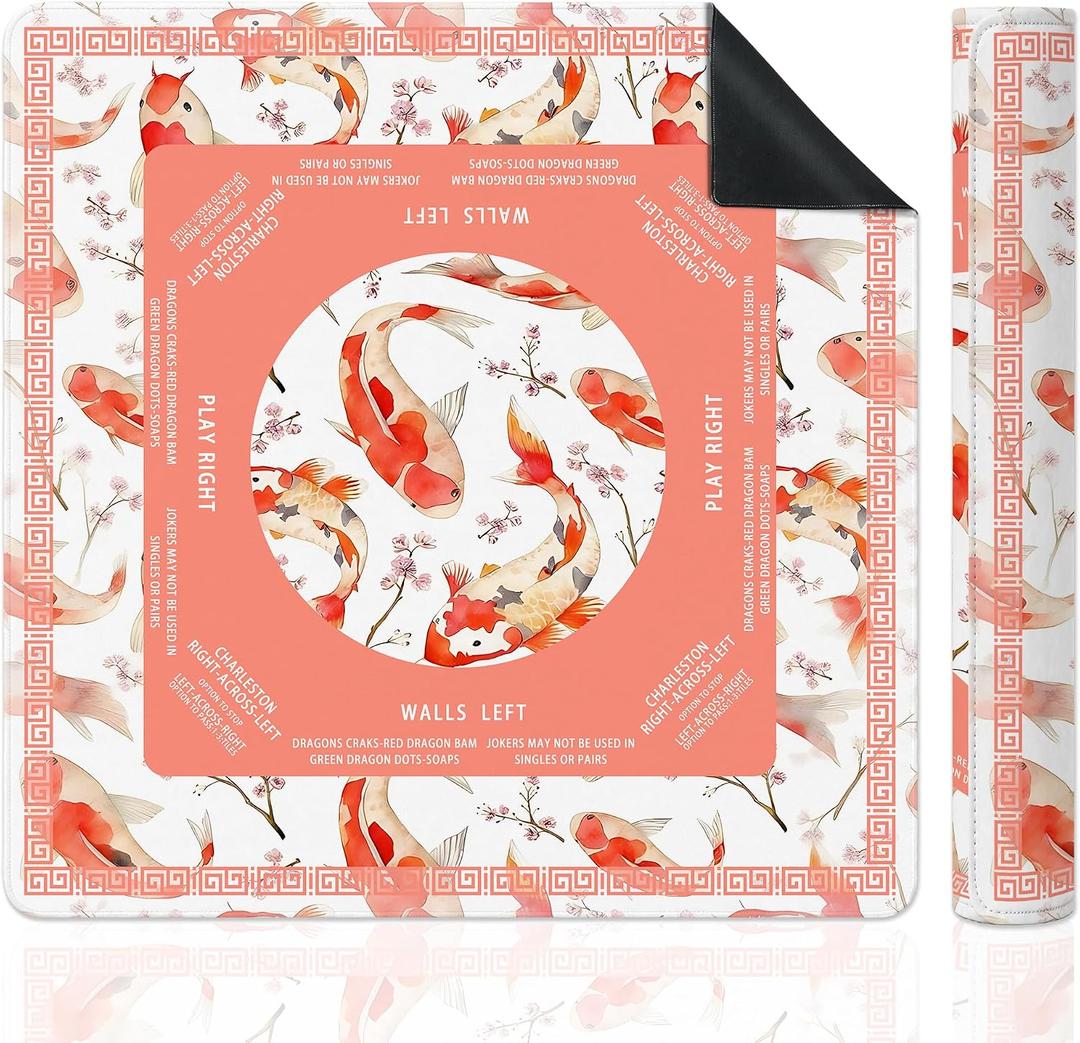 Pink Japanese Koi Fish Mahjong Mat for Table, Traditional Asian Koi and Cherry Blossom 31.5" x 31.5" Non-Slip & Noise Reduction Mahjong Mat for Poker Dominoes Cards & Board Games