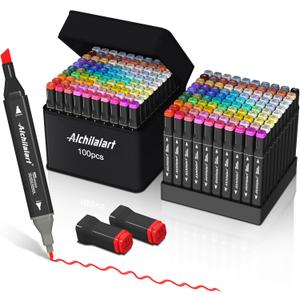 Alchilalart 100 Color Alcohol Based Markers, Alcohol Marker Set With Base, Double Head Alcohol Sketch Drawing Markers Animation For Adults And Children