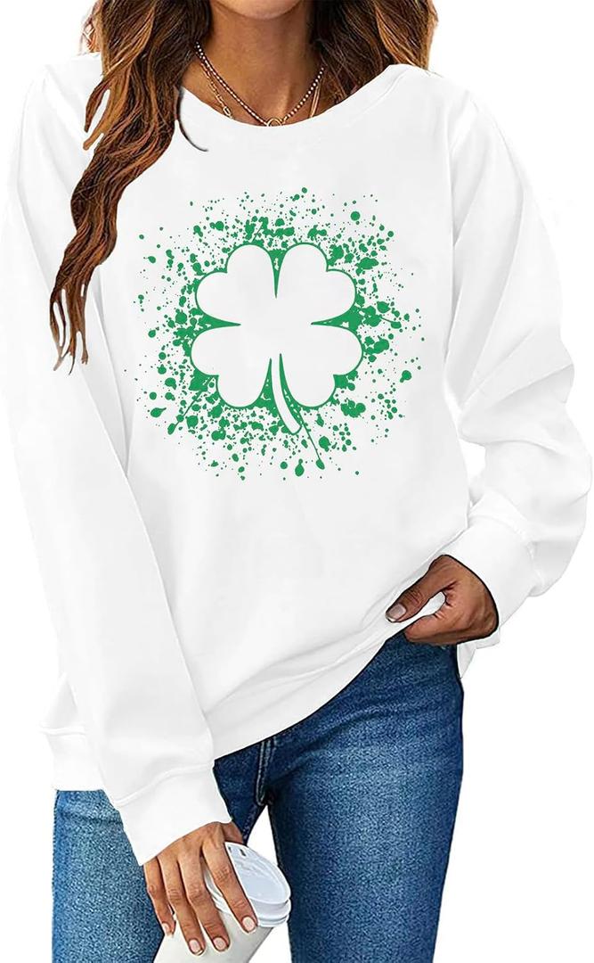 Women St. Patricks Sweatshirts Shamrock Shirts Lucky Clover Graphic Tees Irish Gift Pullover Long Sleeve Tops (White, L)