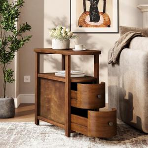 LITTLE TREE Solid Wood End Table with 2 Drawers & Open Shelf, No Assembly Required Side Table for Living Room, Vintage Brown Couch Side Tables, Slim Bedside Table Nightstand for Bedroom, 12.2" W x 23.62" D x 25.59" H