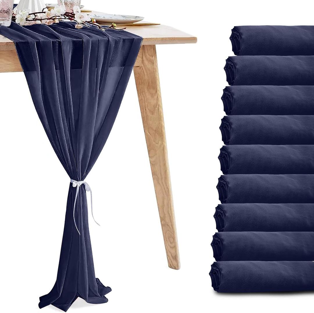 10 Pack 10ft Navy Blue Chiffon Table Runners Wedding Table Runner Sheer Romantic Tulle Table Runner for Christmas Wedding Bridal Tea Party Baby Shower Birthday Party Table Decorations(120 x 12 in)