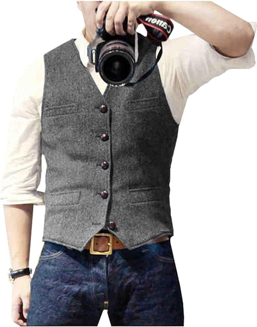 Mens Suit Vest Waistcoat Tweed Retro V Neck Wool Herringbone for Prom M/L
