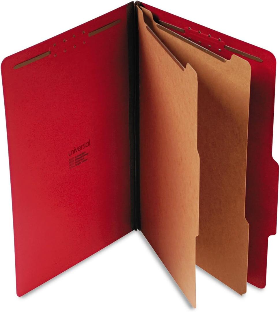 Universal Bright Colored pressboard Classification folders, 2" Expansion, 2 dividers, 6 Fasteners, Legal Size, Ruby red, 10/Box