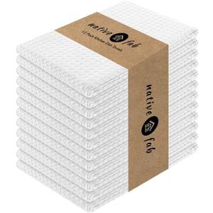 Native Fab Cotton Kitchen Towel with Hanging Loop 16x26 inches, 12-Pack, Waffle Weave Kitchen Towels for Cleaning Drying, Washcloths Soft & Absorbent Cloth Rags, Bar Towel, Dish Cloth, White