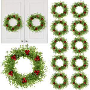 14 Pcs Small Christmas Wreaths with Red Berry 8.27" Artificial Cedar Candle Rings Holder Mini Wreaths for Cabinets Christmas Holiday Table Centerpiece Window Chair Decor