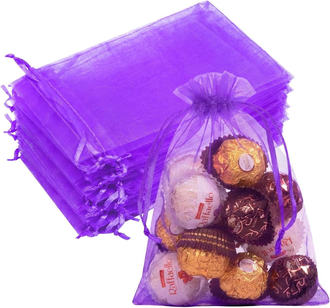50 PCS Purple Organza Bags 5x7, Small Gift Bags Mesh Pouches Drawstring for Jewelry Candy Goodie Sachet Treats Mother's Day Wedding Birthday Baby Shower Party Favors Gifts Wrapping