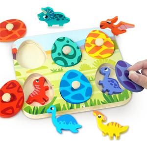 Easter Basket Stuffer Gift for Toddlers 1-3 Year Old Dinosaur Wooden Puzzles, Matching Eggs Peg Puzzle Gifts for Babies Fine Motor Skill Montessori Toys for Toddler Age 2-4 Boys Girls Valentine