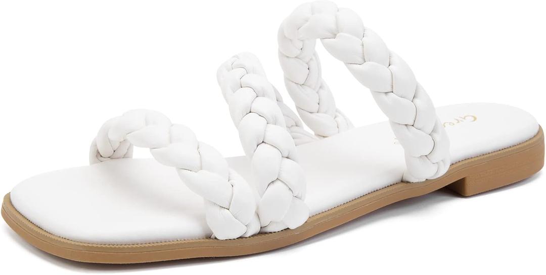Greatonu Women's Square Toe Braided Flat Sandals Dressy Summer Open Toe Slides Sandals for Women 2025 Strappy Slip On Woven Sandals (10, White)