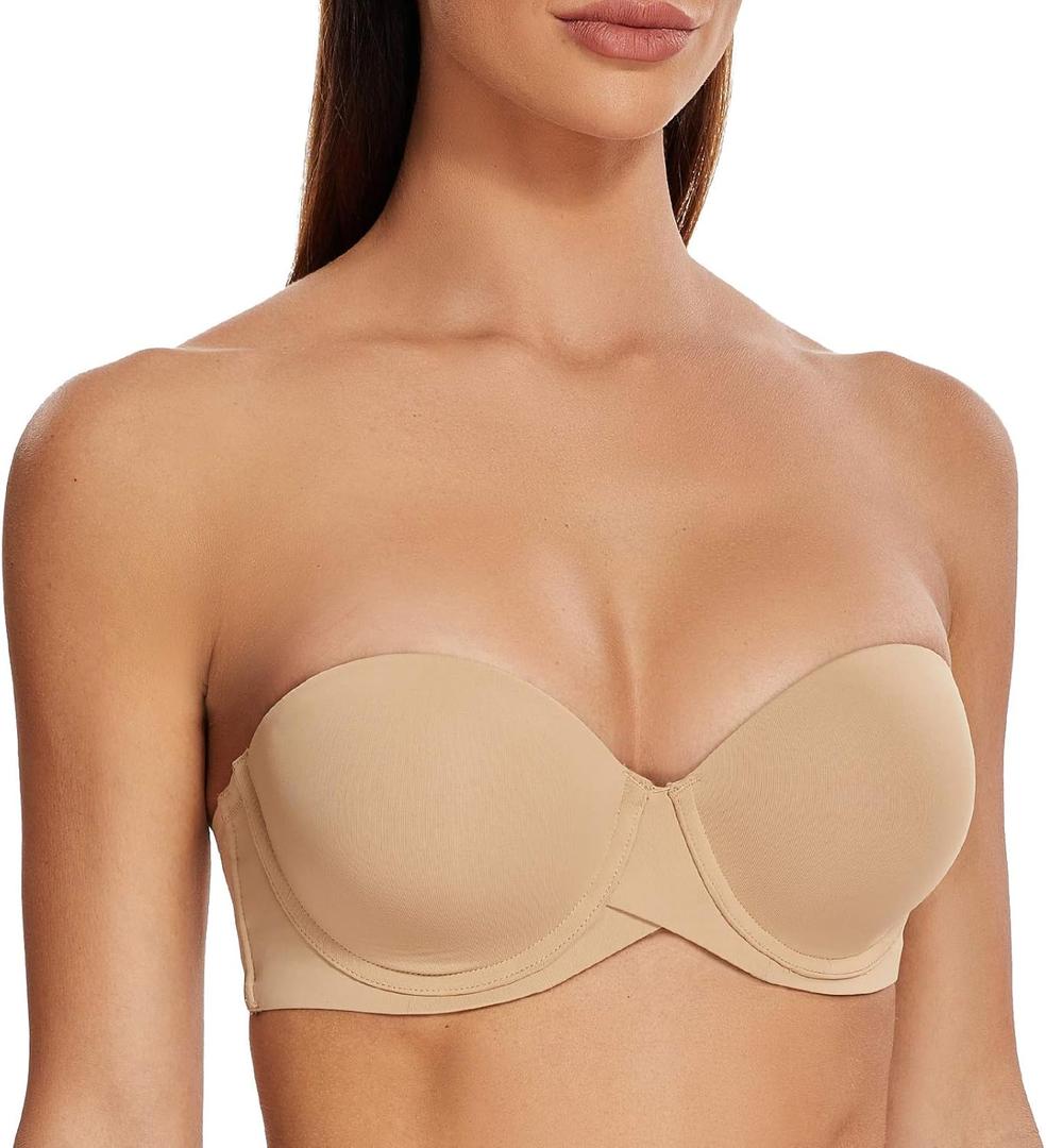 MELENECA Women's Stay Put Padded Cup with Lift Underwire Push Up Strapless Bras (36DD, Almond)