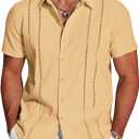 COOFANDY Men's Cuban Guayabera Shirt Short Sleeve Button Down Shirts Casual Summer Beach Linen Shirts (Yellow, XL)