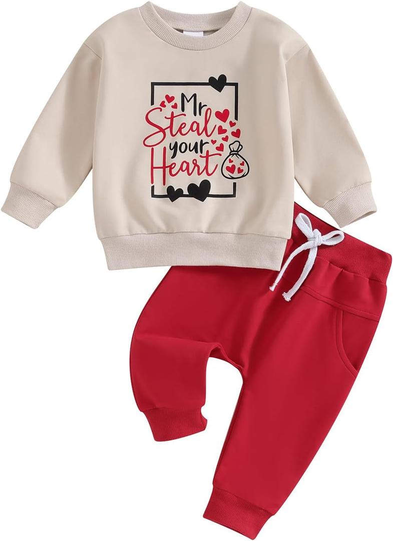 Baby Boy Outfit Sweatsuit Letter Sweatshirt Shirt Pullover Tops Pants Toddler Boys Festive Clothing (18-24 Months, Mr Steal Your Heart-apricot), 22.8