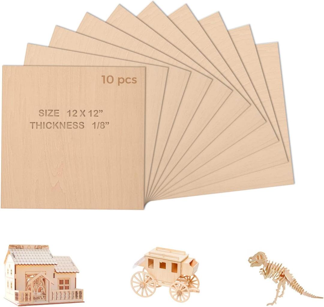 Basswood Sheets - 10 Pack 1/8 x 12 x 12 inch,Perfect for Crafts, Laser Cutting, Carving and Cricut Maker Projects | Thin Wood Sheets for Veneer and Model Building (10Pack 300*300*3mm)