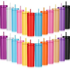 Tanlade 24 Pcs Christmas Skinny Tumblers with Lids and Straws 16 oz Matte Pastel Colored Acrylic Tumblers Bulk, Reusable Double Wall Plastic Cups Cold Hot Drinks Water Bottles for DIY Gift