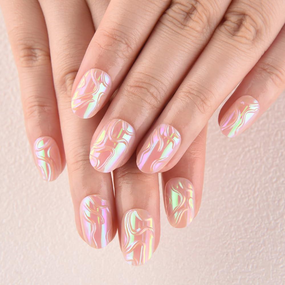 evpct Spring & Summer Glossy Press on Nails Short Oval, Aurora Glazed Fake Nails Press ons with 3D Pattern Design, Light Weight Perfectly Fit Nails for Women Gift, Fake Nail Kit with Kits Gel, 24Pcs
