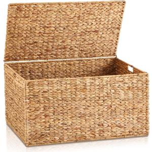 Wonderjune 36 x 20 x 18.5 Inch Water Hyacinth Wicker Storage Trunk with Metal Frame, Heavy Duty Storage Chest with Lid Large Rattan Basket for Blankets, Seasonal Clothes, Extra Bedding (Natural)