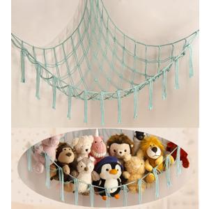 Stuffed Animal Hammock-Large Stuffed Animal Net For Toys Corner-Hanging Stuff Animal Toy Storage Organizer For Plush Plushie Display Light Blue Girl Room Bedroom Boho Nursery Decor Toy Storage (LightBlue)