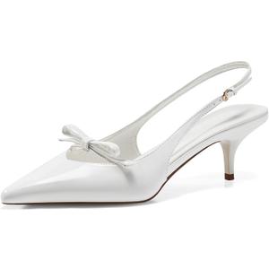 Coutgo Womens Bow Slingback Heels Low Kitten Heel Pumps Closed Pointed Toe Party Wedding Dress Shoes (7, White)