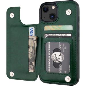 ONETOP Compatible with iPhone 13 Wallet Case with Card Holder, PU Leather Kickstand Card Slots Case, Double Magnetic Clasp Durable Shockproof Cover 6.1 Inch(Green)
