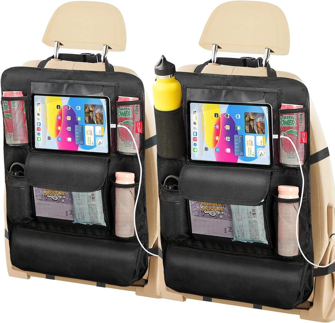 Car Seat Organizer with 13 in Tablet Holder, Waterproof Back Seat Protector, Kick Mats with 9 Storage Pockets, Interior and Travel Essentials, 2 Pack