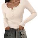 PRETTYGARDEN Women's 2025 Summer Long Sleeve Henley T Shirts Ribbed Knit Button Slim Fitted Basic Casual Going Out Fall Tops (Beige,Small)