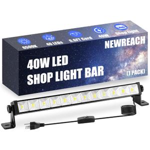 40W Super Bright LED Work Light - 4800LM 6500K Cool White, 6.6ft Extra Long Cord, Plug-in Shop Light Bar for Garage, Workshop, Basement, Warehouse, Outdoor Yard | Easy Installation(1 Pack)