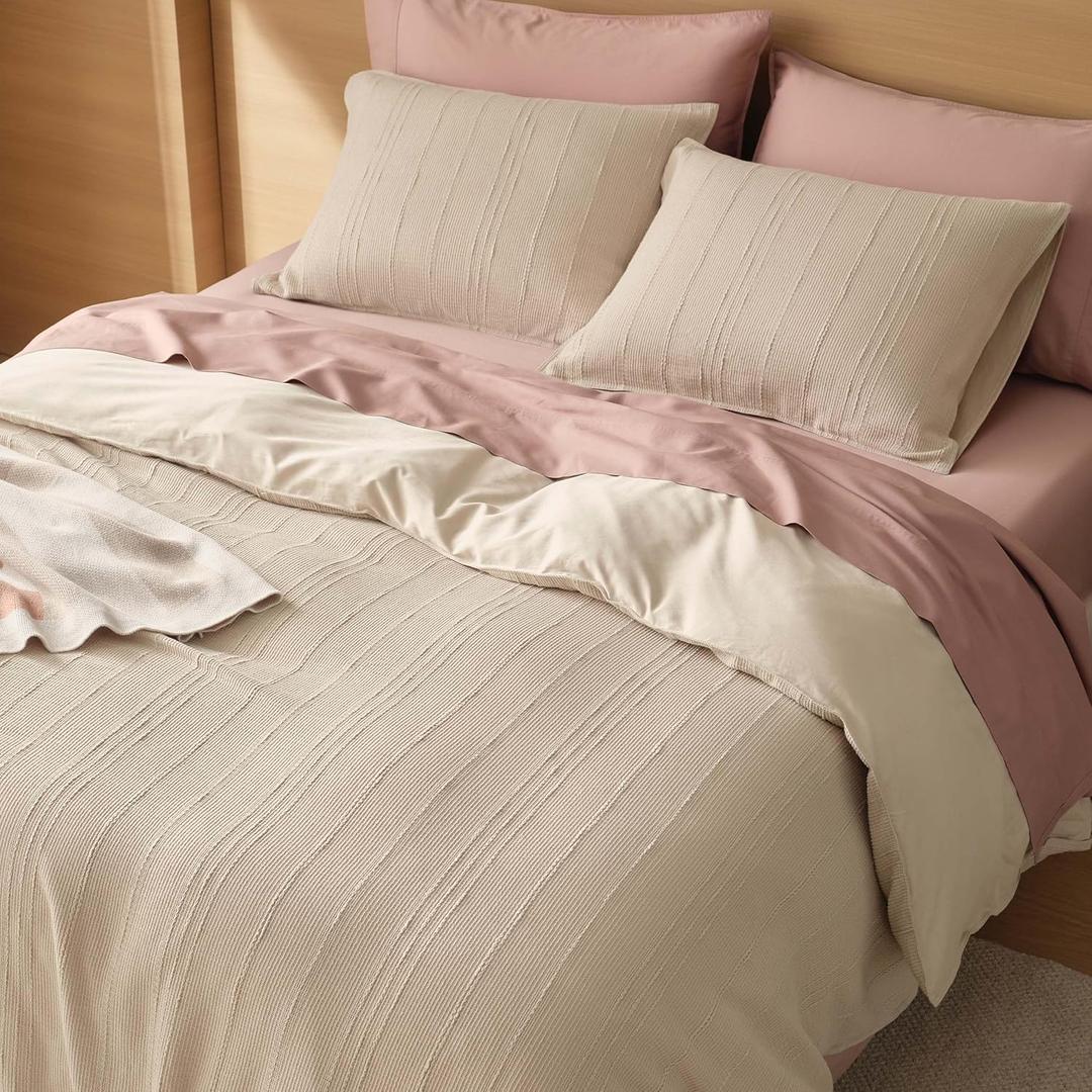 Double Stitch Cotton Tencel Duvet Cover King - Striped Textured King Size Duvet Cover Set, Ultra Soft & Breathable Bedding Set, Button Closure, 106" x 90", Textured Sandstone