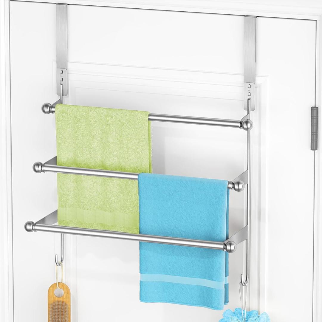 Over The Door Towel Rack,304 Stainless Steel Towel Rack with 2 Hooks, 3 Tier Towel Bar for Hanging Towels, Over Door Towel Storage Holder for Bathroom (Brushed Nickel)
