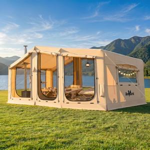 Inflatable Tent for Camping,16.4'x7'x7' Blow Up Tent 8-12 Person,3 Room Tent with Divided Curtain,Hot Tent with Stove Jack, Inflatable House with Pump, Quick Setup Air Glamping Tent for Family Outdoor